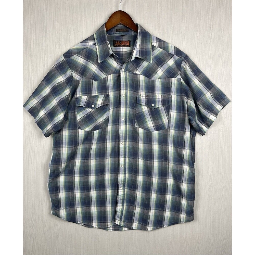 Canyon Guide Outfitters Pearl Snaps Western Shirt Men's Large Teal Blue Plaid - Picture 2 of 8
